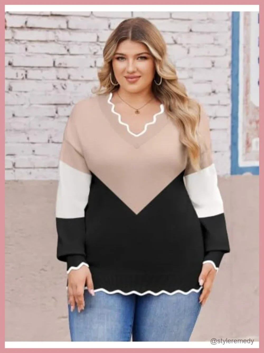 Plus Size Long Sleeve V-Neck Knit Pullover Sweater